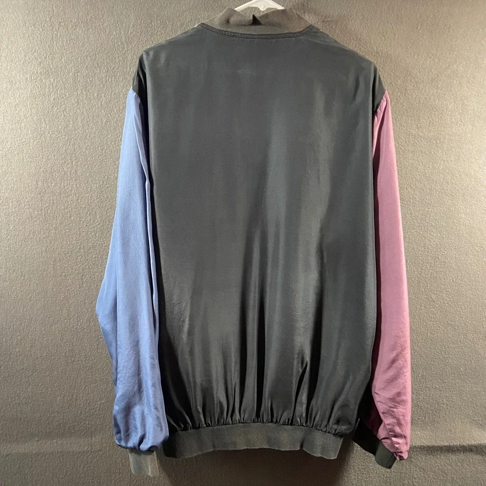 vtg 80s men silk Bomber Jacket large black Colorblock tracksuit retro 90s